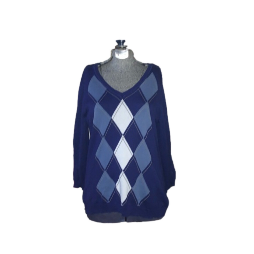 Liz Claiborne blue and white cotton argyle knit v-neck 3/4 length sleeves large